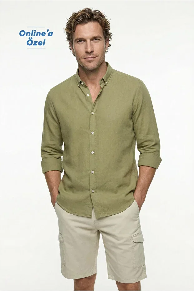 Long Sleeve Regular Fit Buttoned Collar Sporty Cotton Breathable Linen Look Shirt