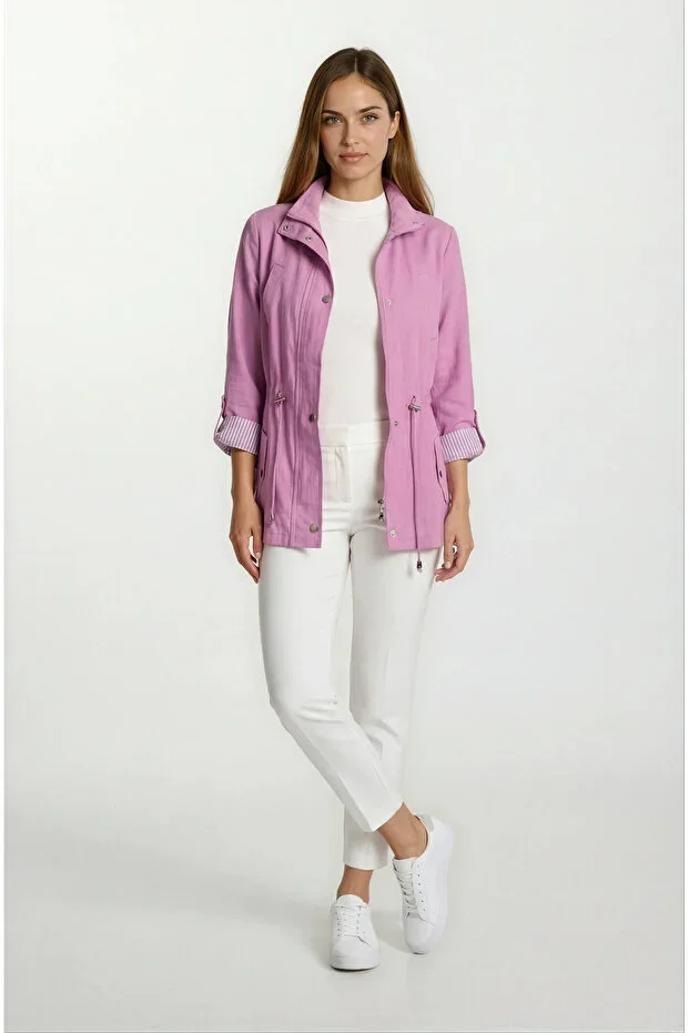 Oriente Stand-Up Collar Zippered Snap-Button Safari Jacket LILAC