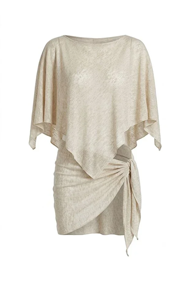 Bej Linen Terrycloth Poncho Pareo Set