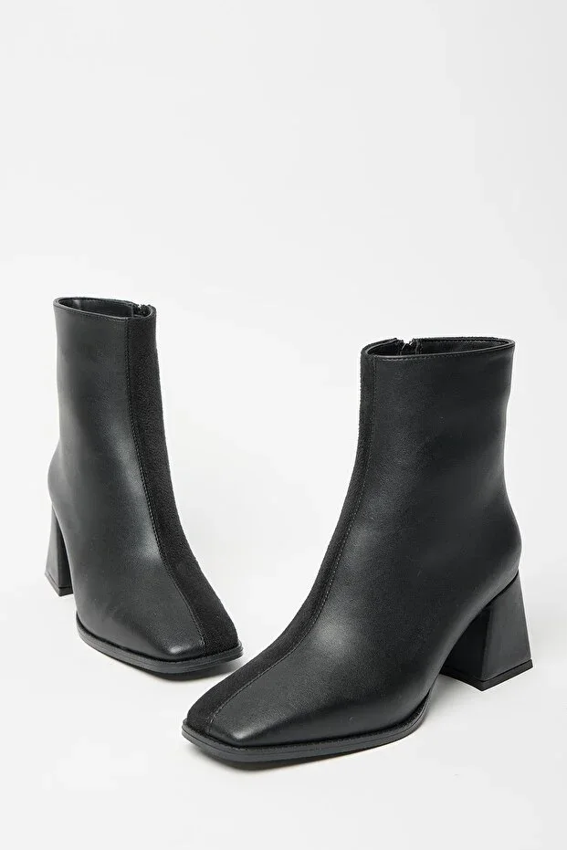 Women's Black Suede Boot & Bootie Blunt Toe Heeled Contrast PU Leather Zipper Stylish