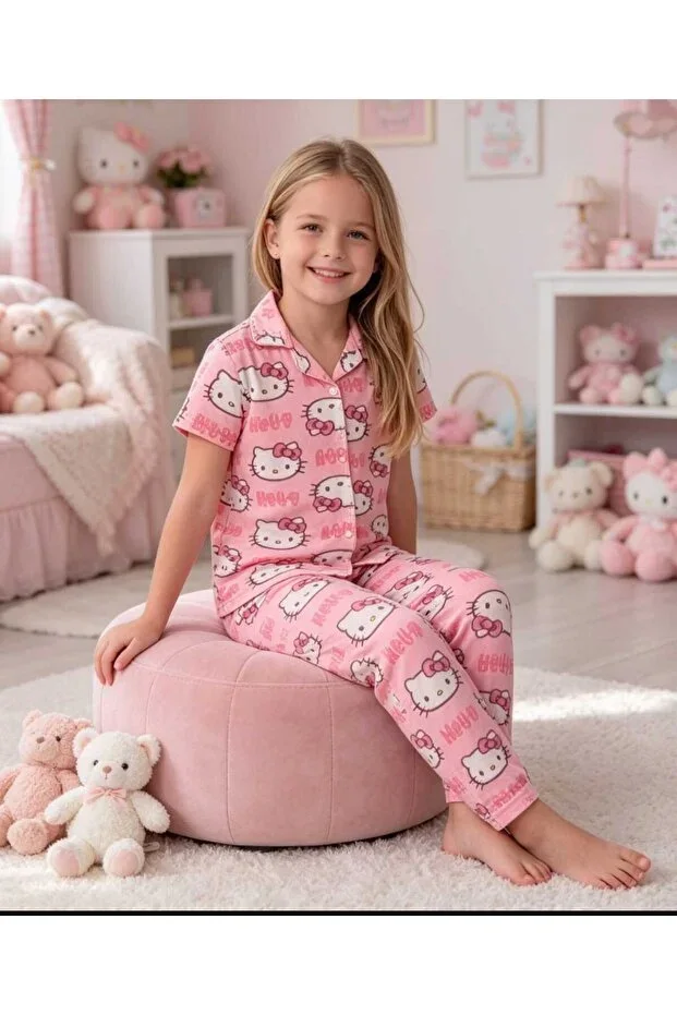 Hello Kitty Themed Thin Milan Fabric Pink Shirt Collar Buttoned Short Sleeve Spring Girl Child Pajama Set Seasonal