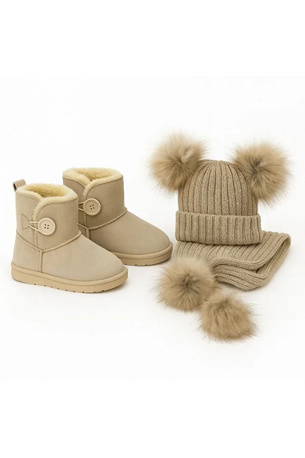 BEIGE POMPOM SCARF HAT AND INNER FURRY BOOTS SUEDE BOOTS (TAKE ONE SIZE LARGER, INNER IS VERY FLUFFY)