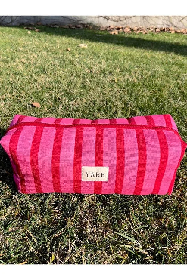 Yare Atelier Red Pink Striped Airwrap Hair Straightener Travel Case, Large Makeup Bag