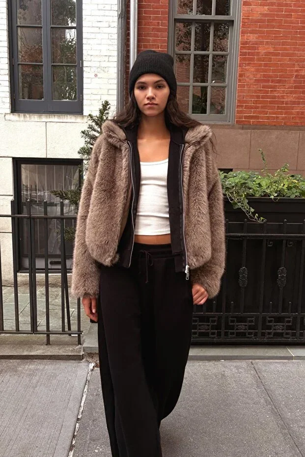 Faux fur stand-up collar jacket