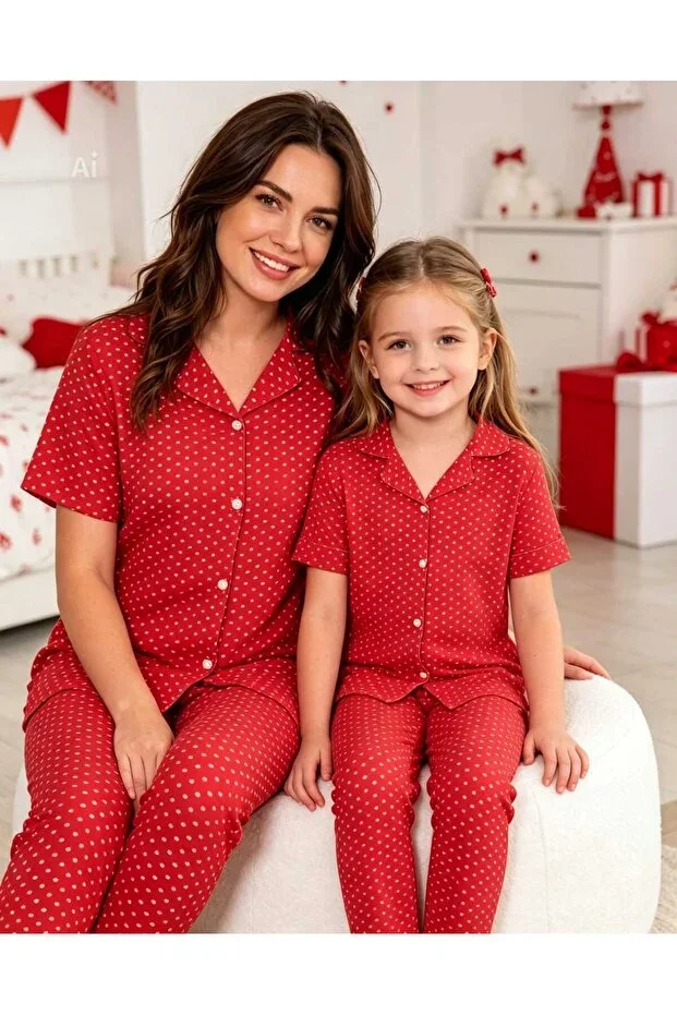 Mom & Daughter Combo Pajama Set Milan Fabric Seasonal Red Color Heart Pattern Shirt Collar (SOLD SEPARATELY)