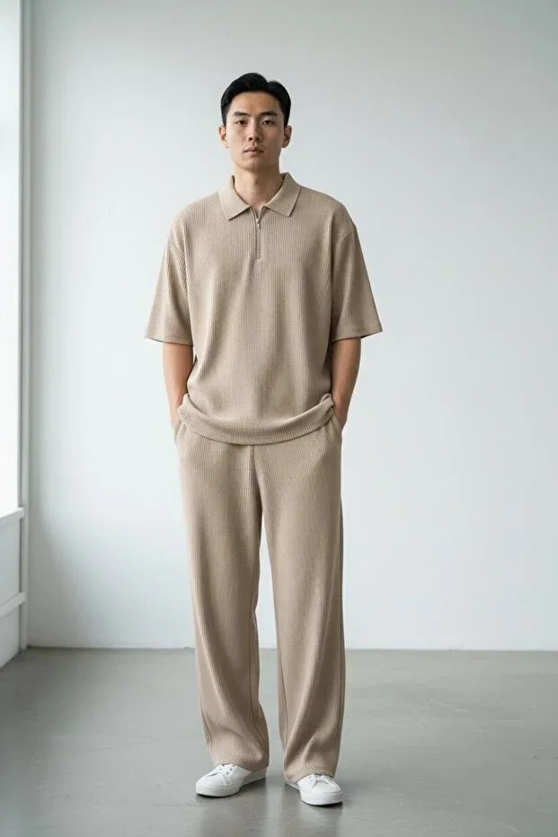 Men's Beige Half-Zip Ottoman Tracksuit Set
