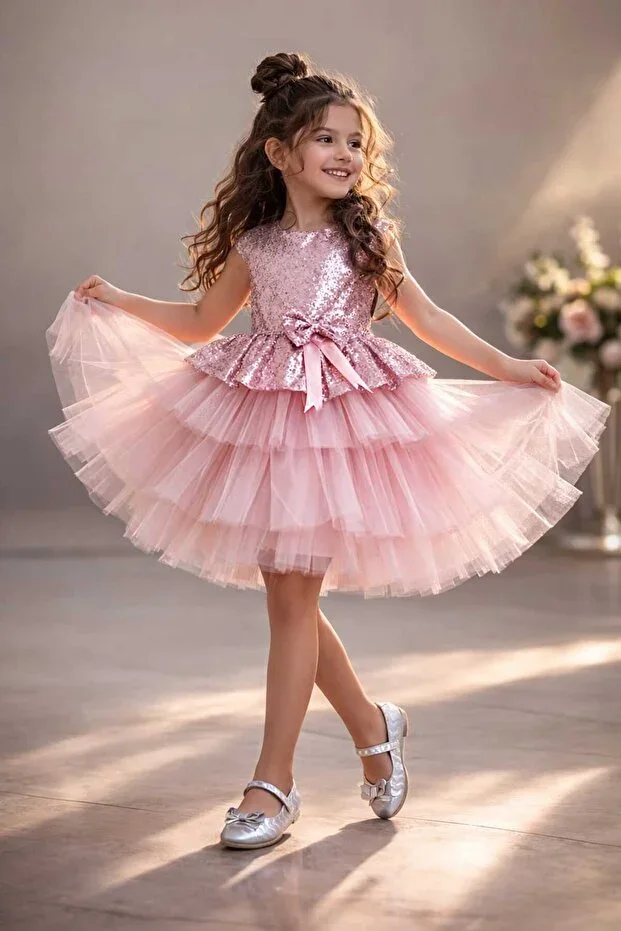 Girl's Tulle Formal Party And Birthday Dress Skirted Powder Pink