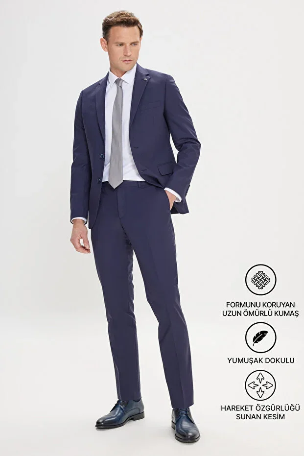Men's Navy Blue Slim Fit Mono Collar Suit