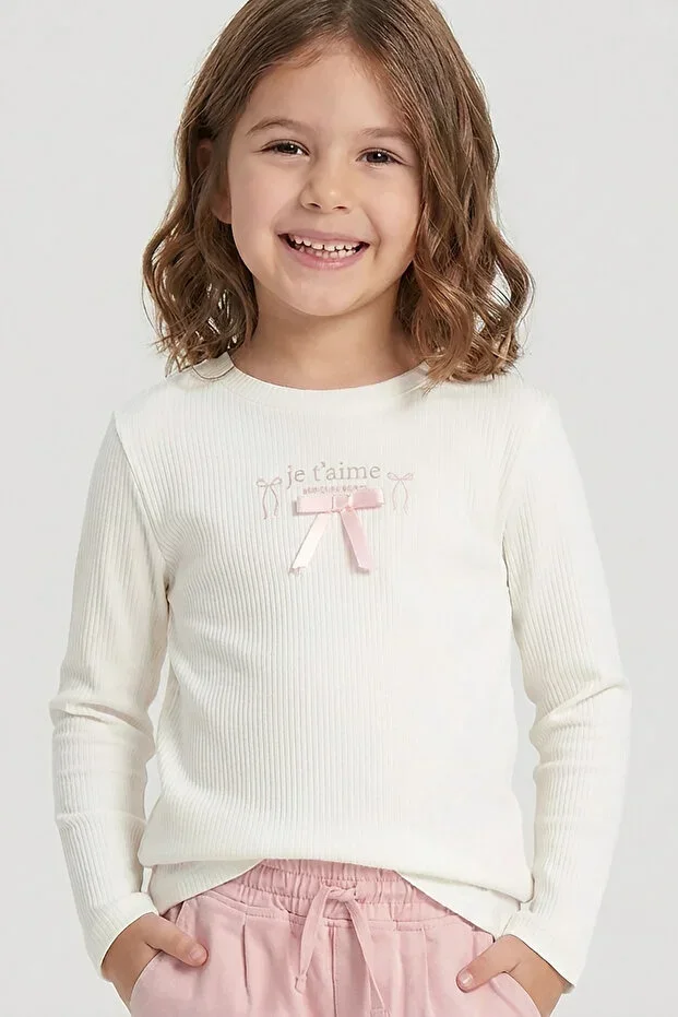 Girl's Ribbed Long Sleeve Bodysuit with Bow and Embroidery