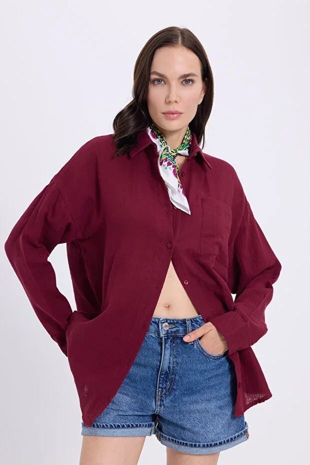 Tudors Women's Oversize Wide Cut 100% Cotton Muslin Fabric Long Sleeve Pocket Textured Burgundy Shirt