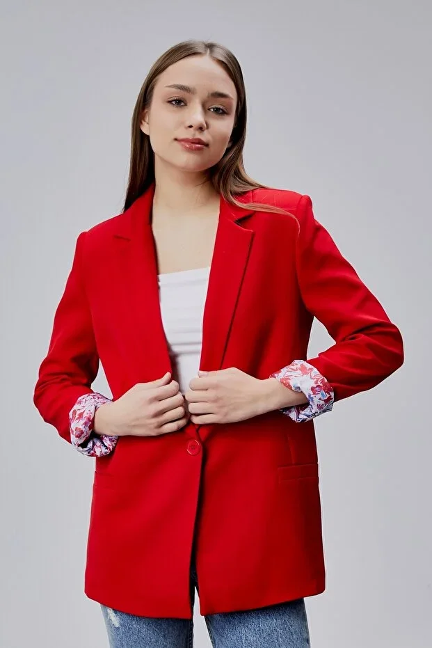 Red Shawl Collar Folded Sleeve Regular Padded Blazer Jacket