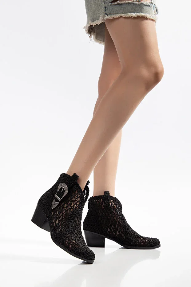 Women's Lace Fabric Western Cowboy Short Ankle Buckled Summer Boot