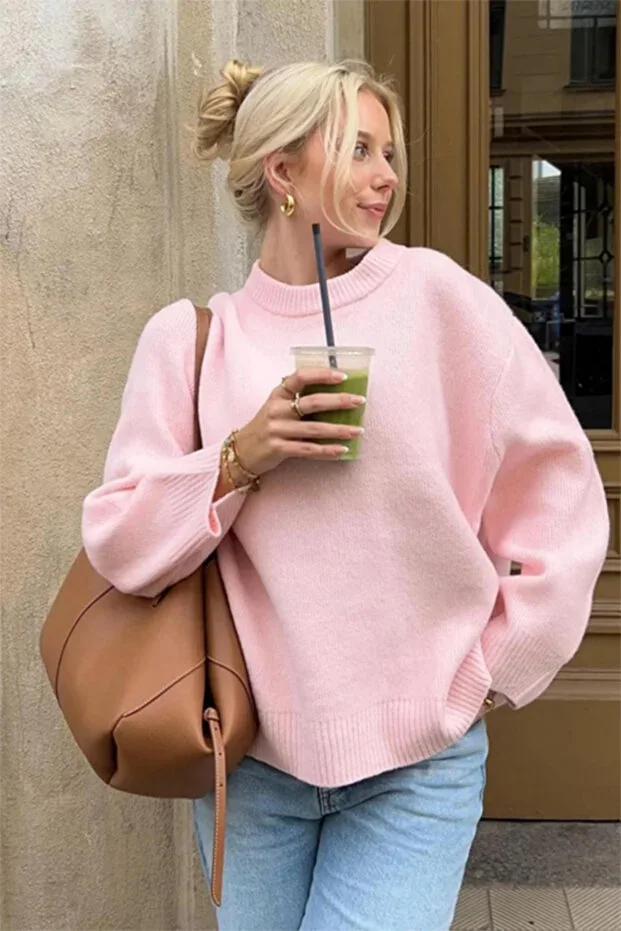 Pink Crew Neck Oversize Knitted Women's Sweater