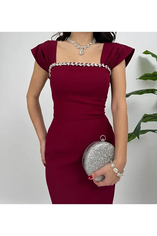 zoezoe Neck stone detailed midi back slit wedding/invitation/graduation/engagement dress