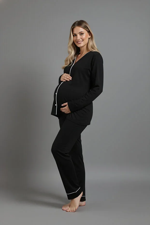 Ribbed Bamboo Fabric Long Sleeve Buttoned Loose Set – Suitable for Pregnancy