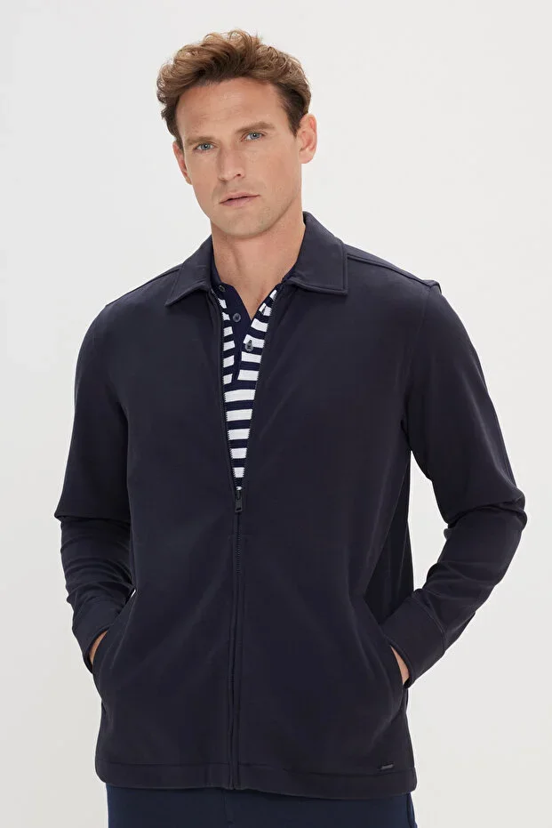 Navy Blue Standard Fit Normal Cut Shirt Collar Cotton Stretch Jacket