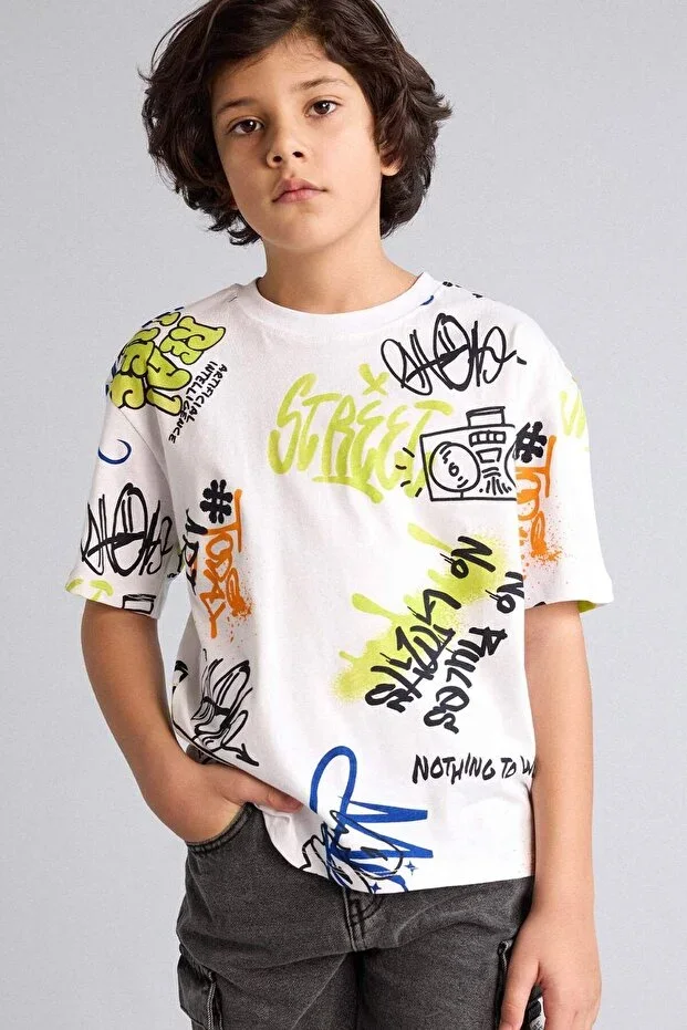 DeFacto Oversize Printed Short Sleeve T-Shirt for Boys G9725A826SM