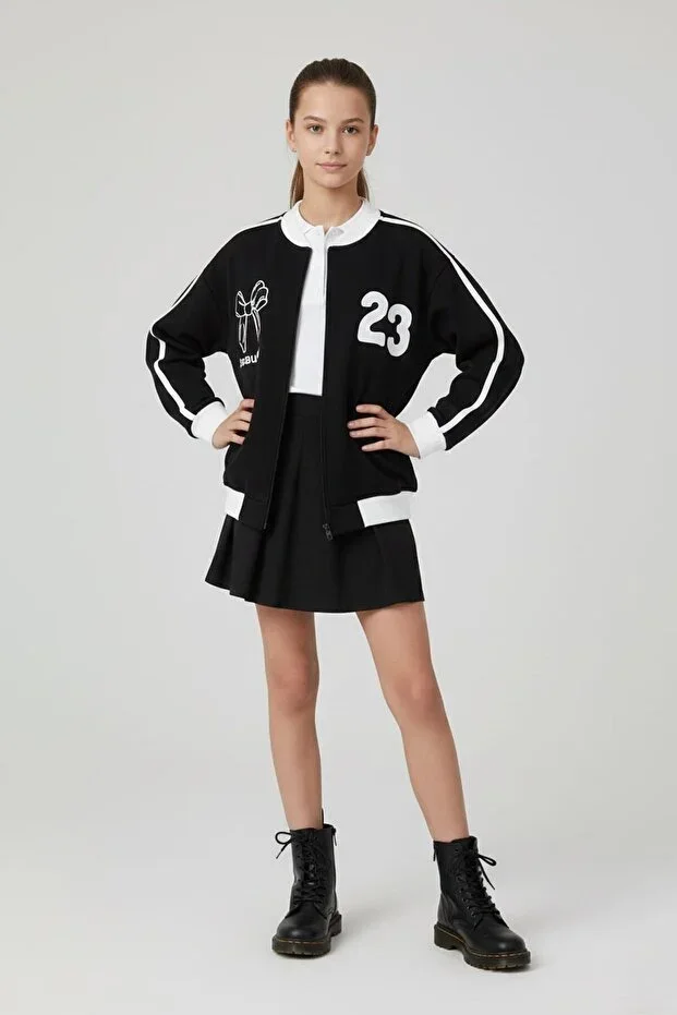 Black Beautifull Printed Sleeve Striped Girl Kid's College Cardigan 21190