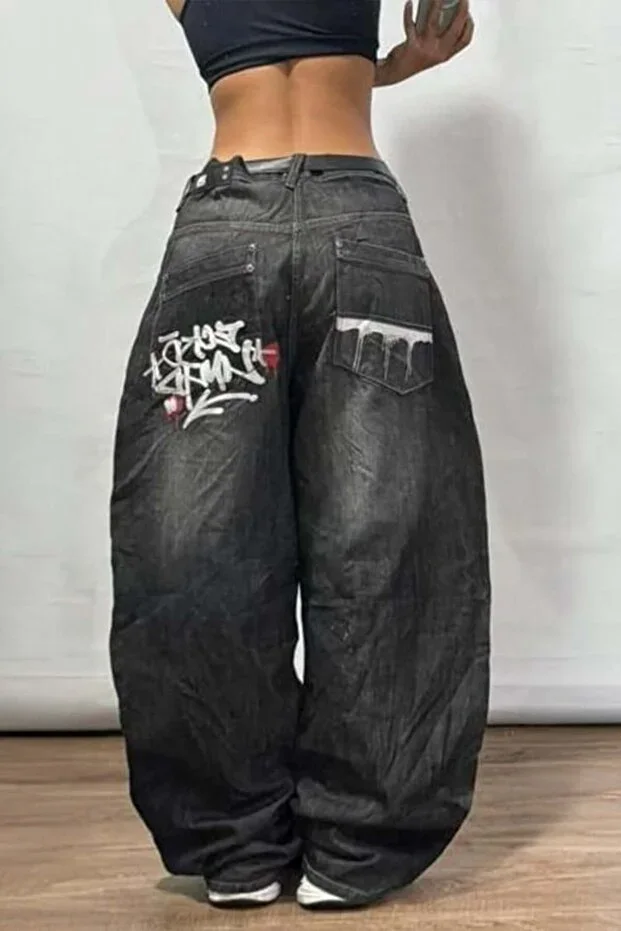 Karakedi Baggy Black Washed Pocket Graffiti Embroidery Detail Y2k Denim Pants