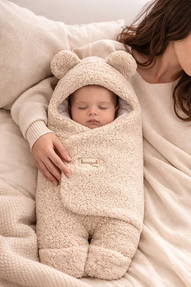 0-12 Months Inner Fiber Plush Welsoft Ear Mink Outer Baby Swaddle & Blanket Winter Sleeping Bag