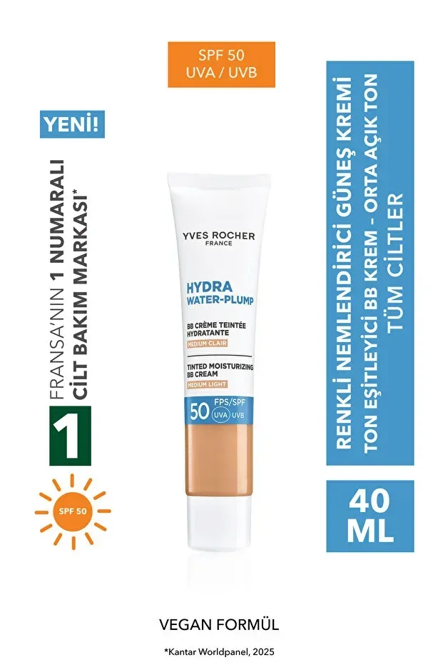 BB Cream 50 SPF - Tone Equalizing Tinted Moisturizer Sun Cream - Hydra Water Plump - Light Medium 40ML