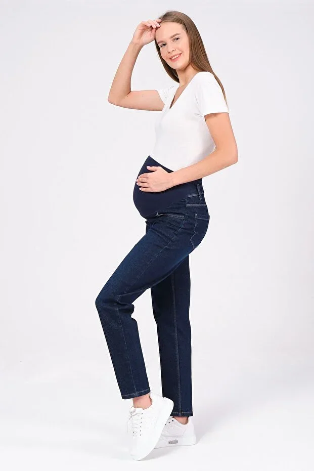 Maternity Mom Fit Jeans with Elastic Belly Band, NAVY BLUE