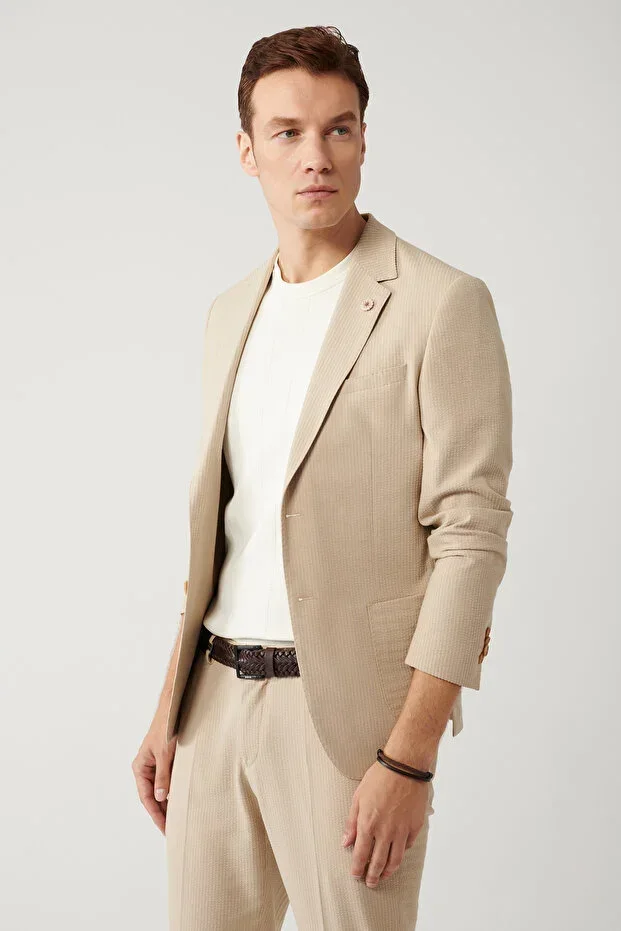 Men's Beige Slit Unlined Flexible Fabric Comfort Slim Fit Jacket A41Y4000