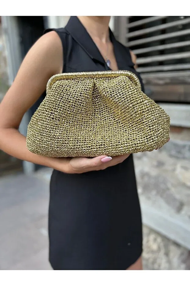 . bags Gold Color shiny metallic paper rope Portfolio Clutch Bag