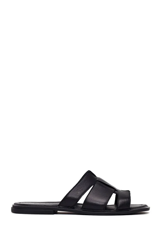 Women's Black Leather Slippers 26SFD342618