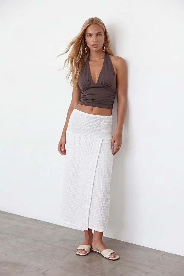 Women's White Elasticated Waist Crinkled Midi Beach Skirt Alc-X15569