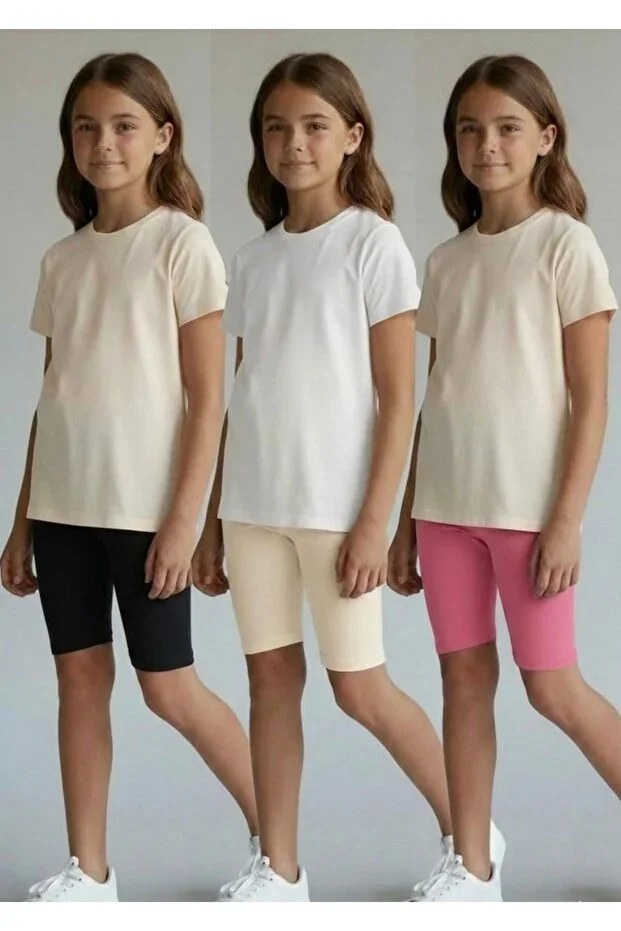 Girls' 3-Pack Short Shorts Set Black Pink Organic Cream Cotton Comfortable Daily Shorts 4-12 Years