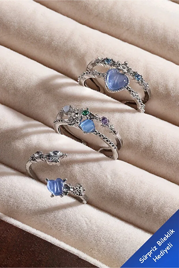 3-Piece Blue Stone Combination Star-Moon Butterfly Pinterest Design Ring Set