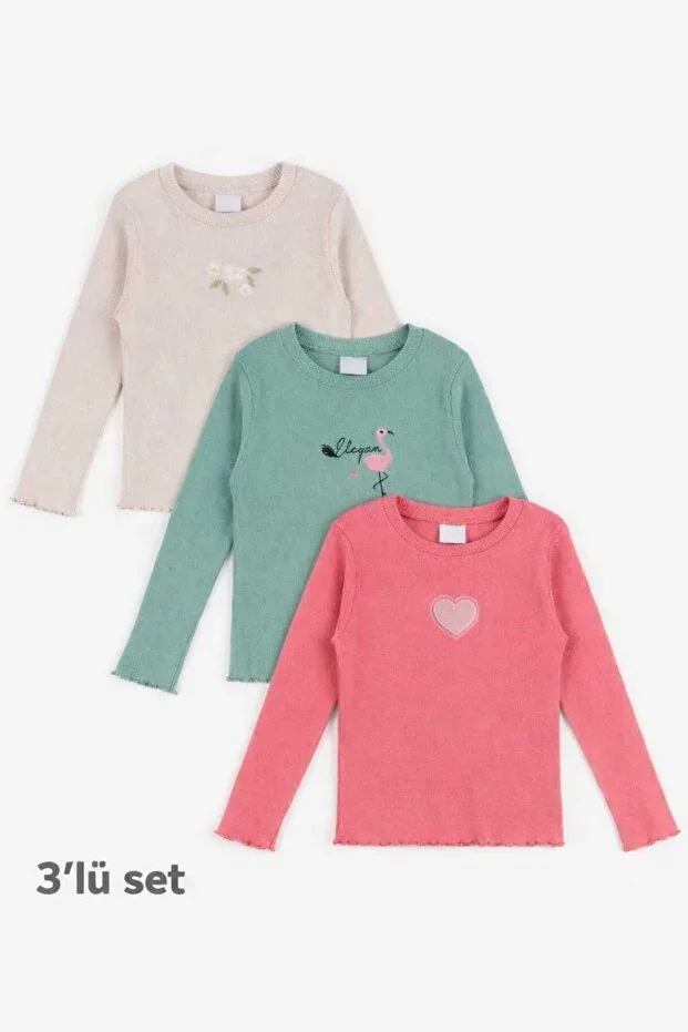 3-Piece Ribana Long-Sleeve Seasonal Girls' Sweatshirt (Ages 5-12) Sage, Beige, Pomegranate