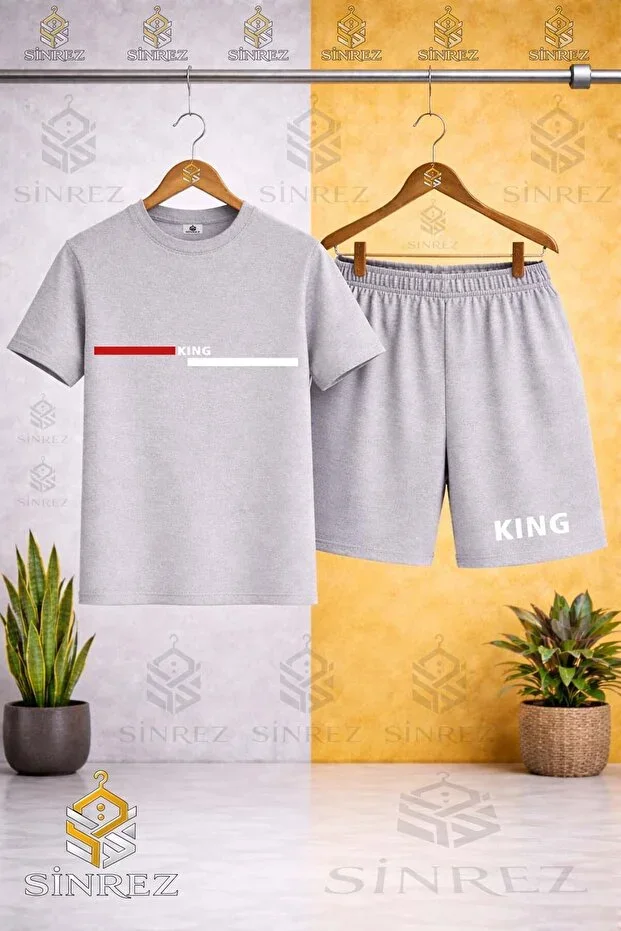 Round Neck Kids KING RED WHITE SIDE STRIPE Print T-shirt - Shorts Set