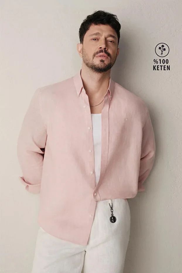 Men's Dark Pink Buttoned Collar 100% Linen Comfort Fit Shirt B002191