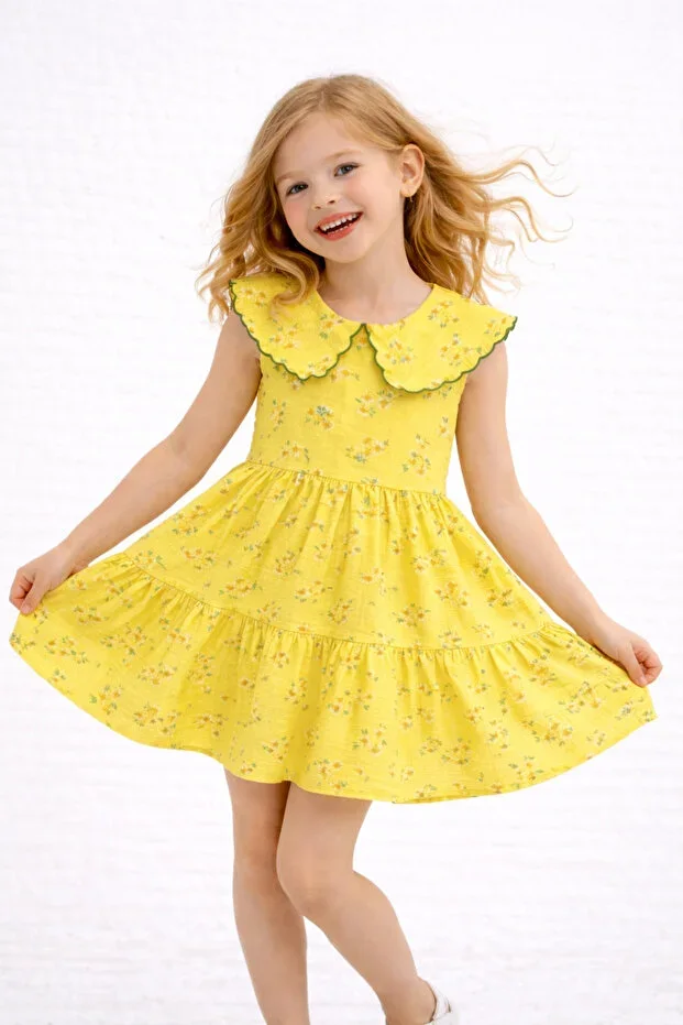 WE&ME Girls Yellow Floral Print Cotton Summer Dress