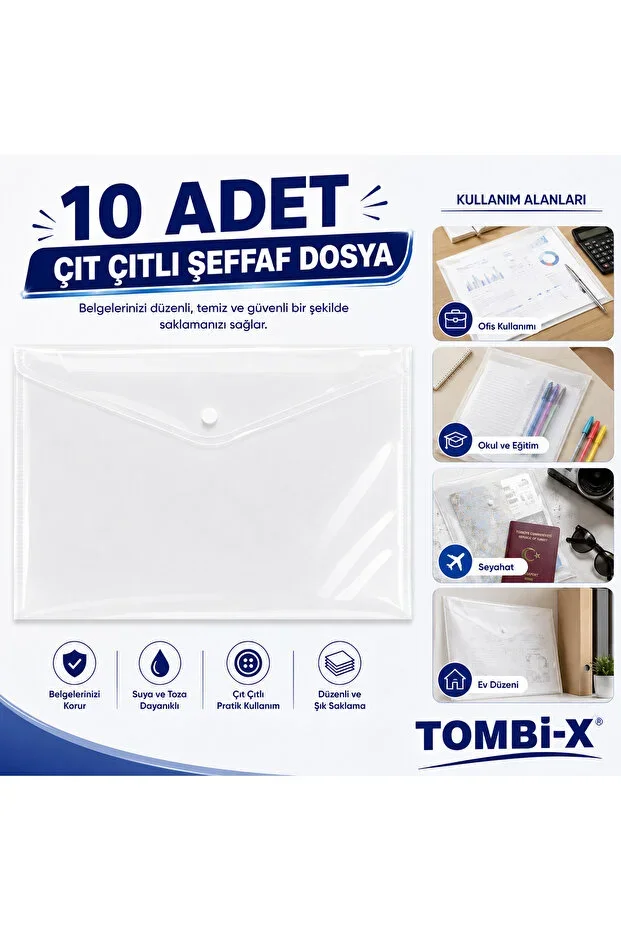 10 Pcs A4 Snap Transparent Document File Document Storage Bag
