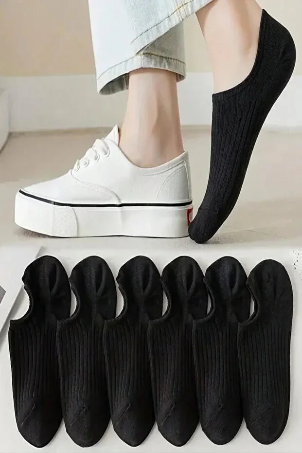 6 Pairs Women's Black Stylish Striped Comfortable Sneaker Socks