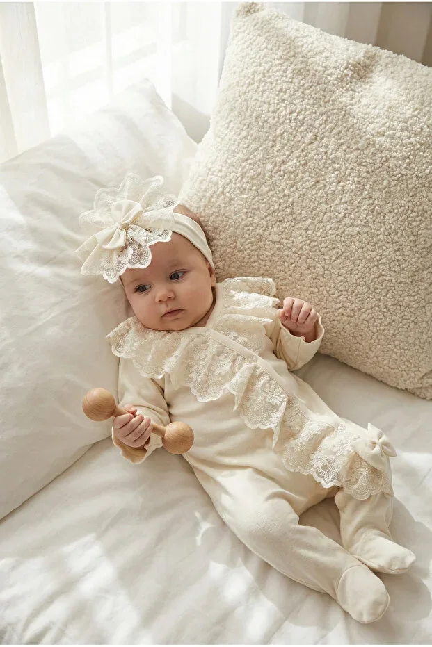 Little Princess Cream Lace Cotton Interlock Baby Jumpsuit and Headband Set