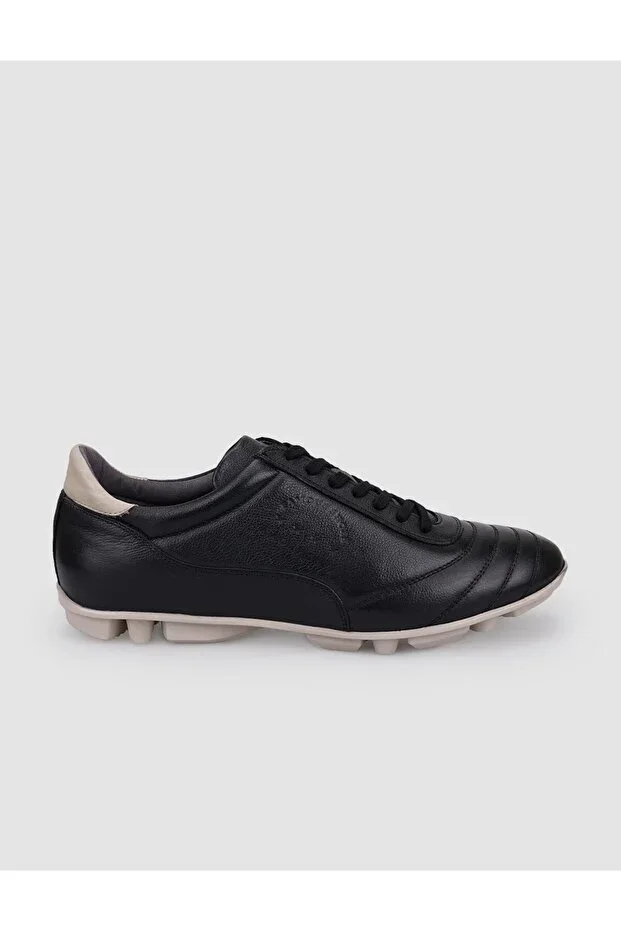 100% Genuine Leather Black - White Lace-up Indoor Football Shoes