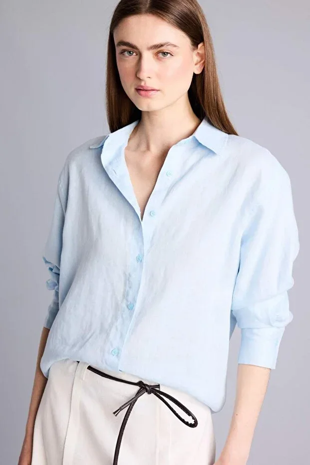 100% Linen Oversize Shirt Collar Long Sleeve Shirt Z6638AZ26SM