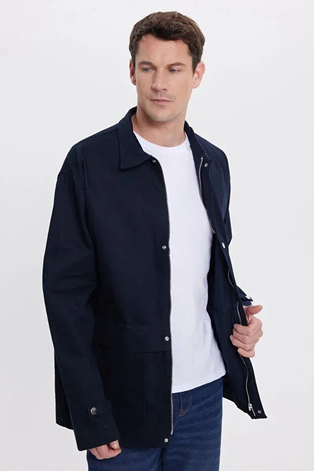 Men's Relax Fit Comfortable Cut 100% Cotton Double Pocket Zip-Up Navy Shirt Jacket