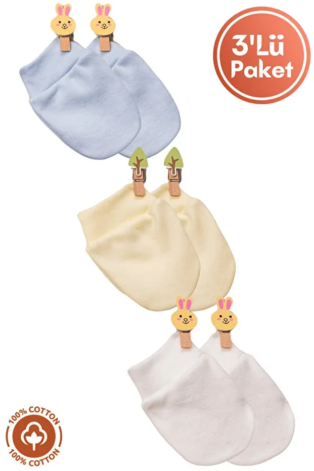 Baby Boy Newborn Combed Organic Cotton Baby Mittens 3-Piece Set - Blue