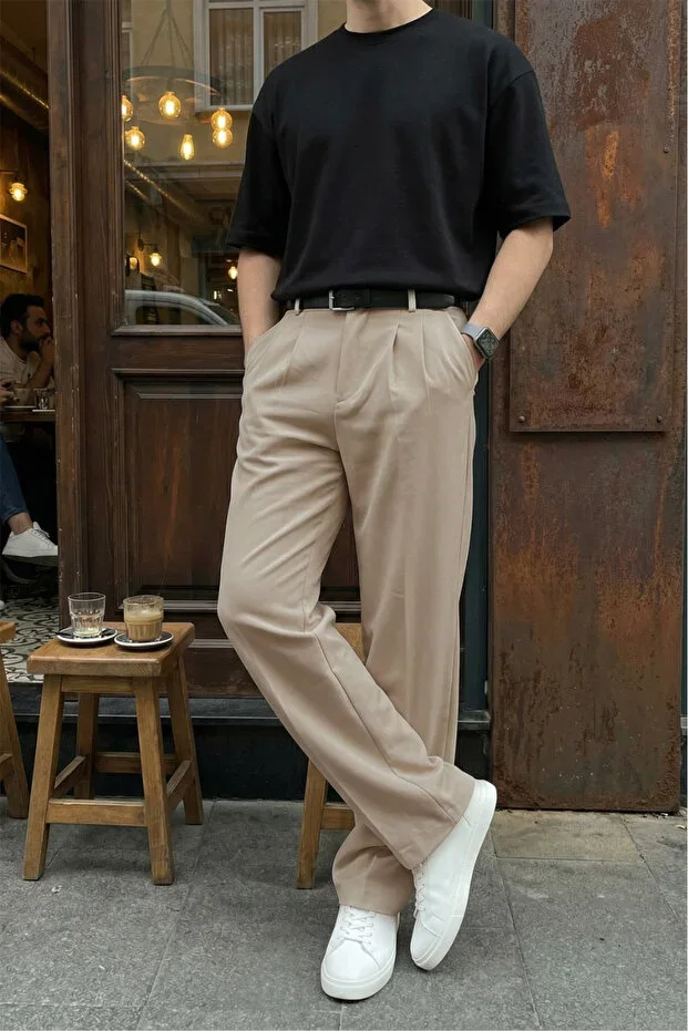 Men's Fabric Baggy Fit Pleated Trousers