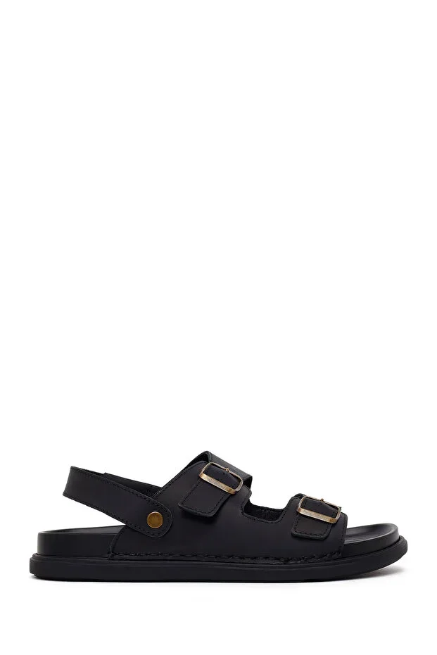 Men's Black Double Buckle Nubuck Leather Sandal 26SFD6256V3