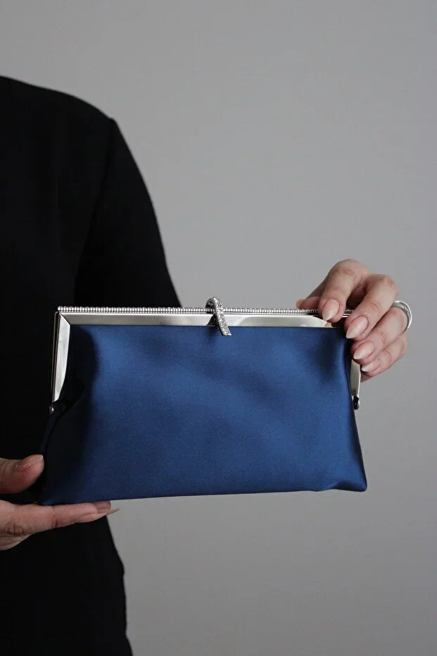 Women's Navy Blue Satin Metal Frame Edge Stone Detailed Chain Evening Clutch Bag