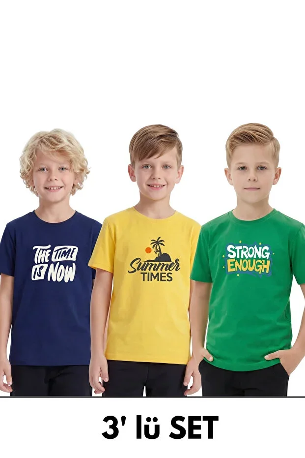 3's Round Neck Print Detailed Short Sleeve Boys T-Shirt