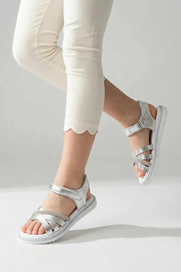 Girls' Sandals Open Toe Stone Detailed Strap Velcro Comfortable Flexible Sole Slippers