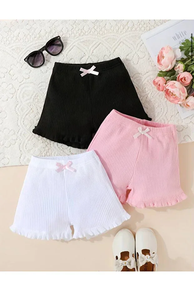 Baby Girl & Kids 3 Pcs Ruffled Summer Ribbed Short Biker Shorts