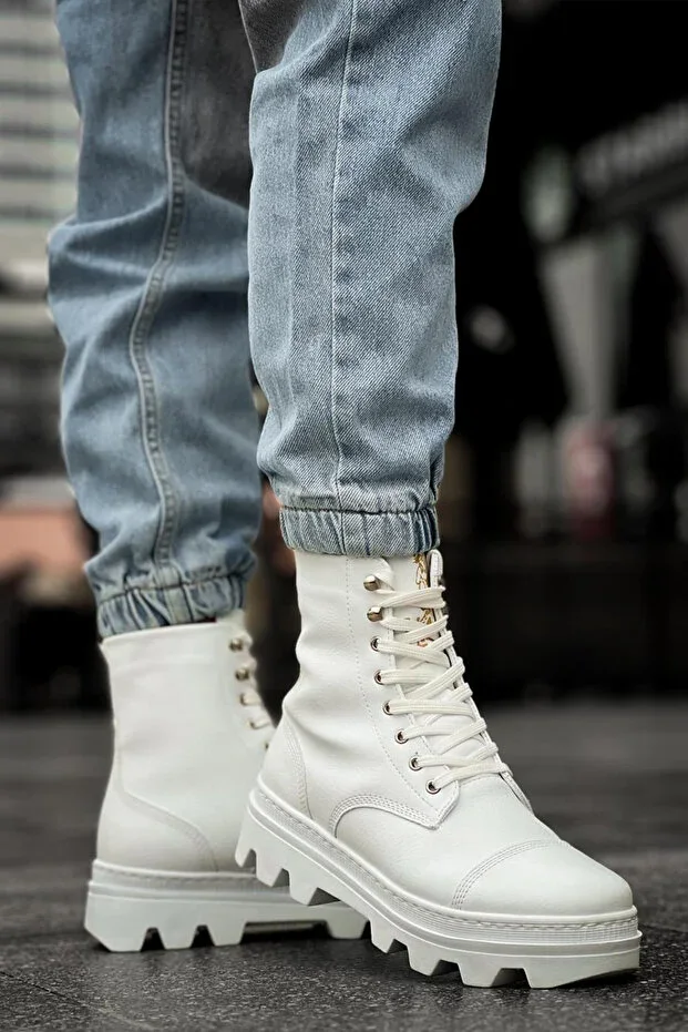 White Winter Men's Boots Sports High Sole Laced Comfortable